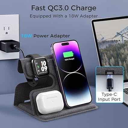 3-in-1 Foldable Wireless Charger Stand – Fast Charging Dock for iPhone, AirPods & Smartwatch | Type-C Portable Charging Station