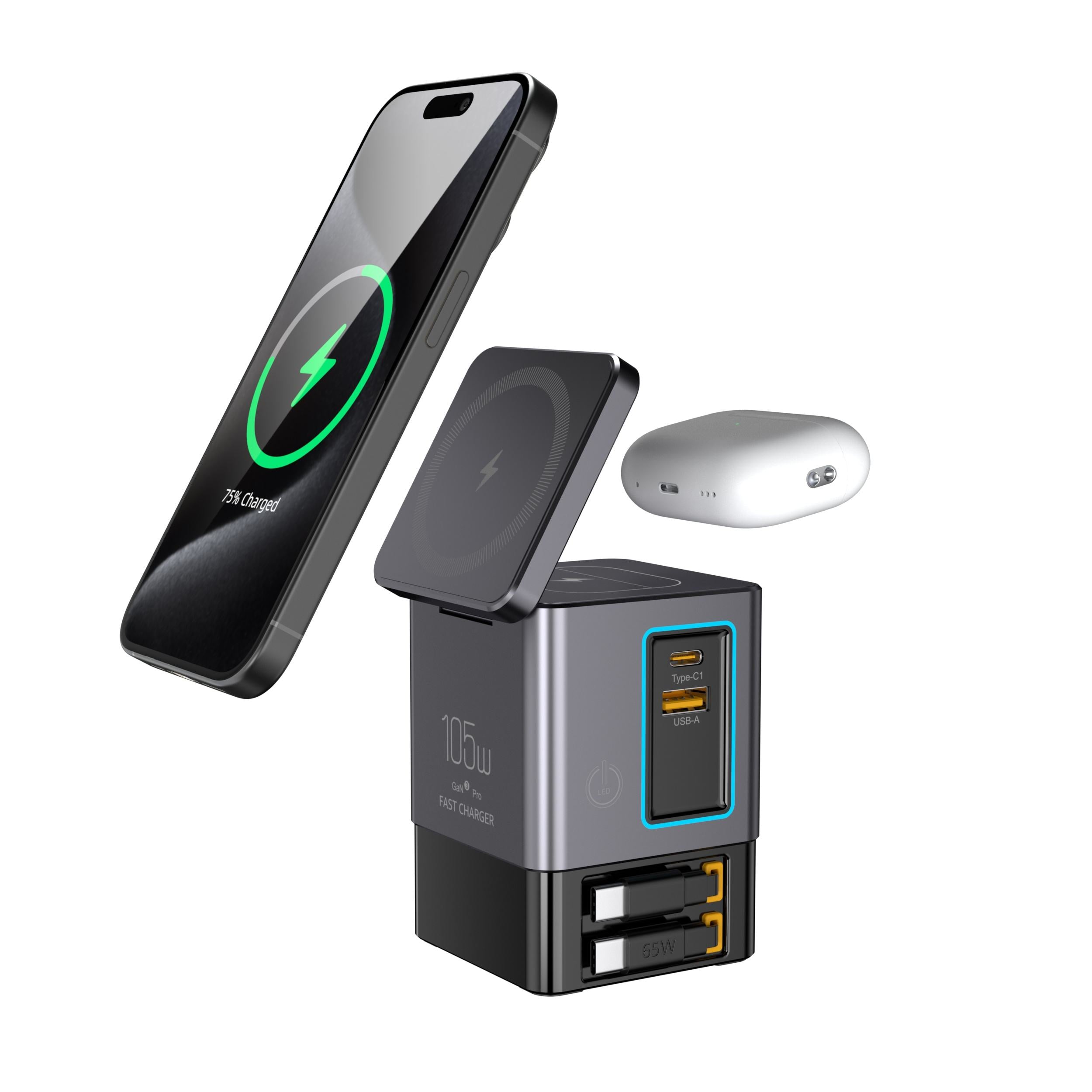 Wireless charging station with smartphone, wireless earbuds, and power bank on a white background
