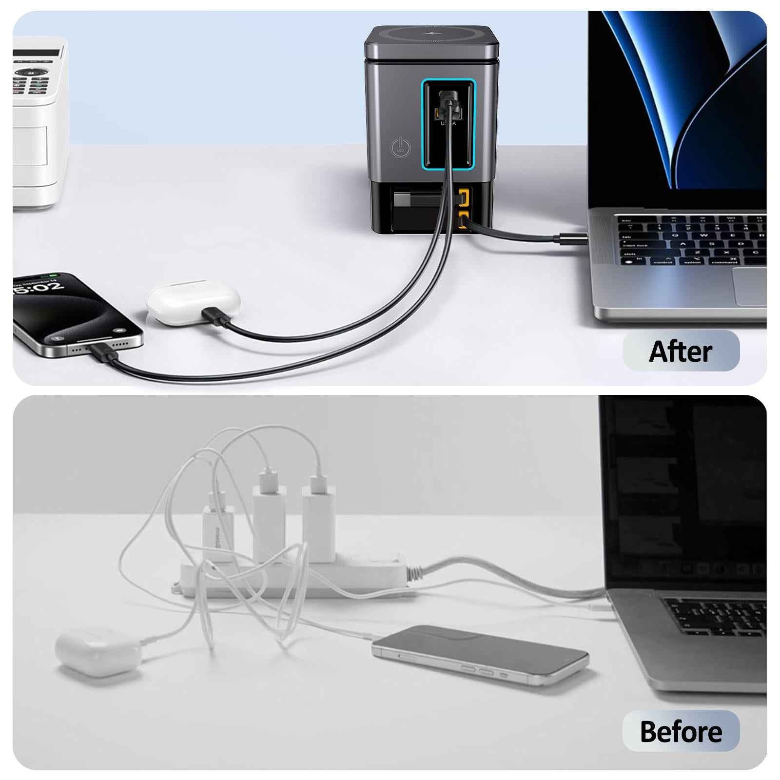 6-in-1 105W Power Combo Charging Station – Retractable USB-C Cable, USB Hub & Wireless Charger