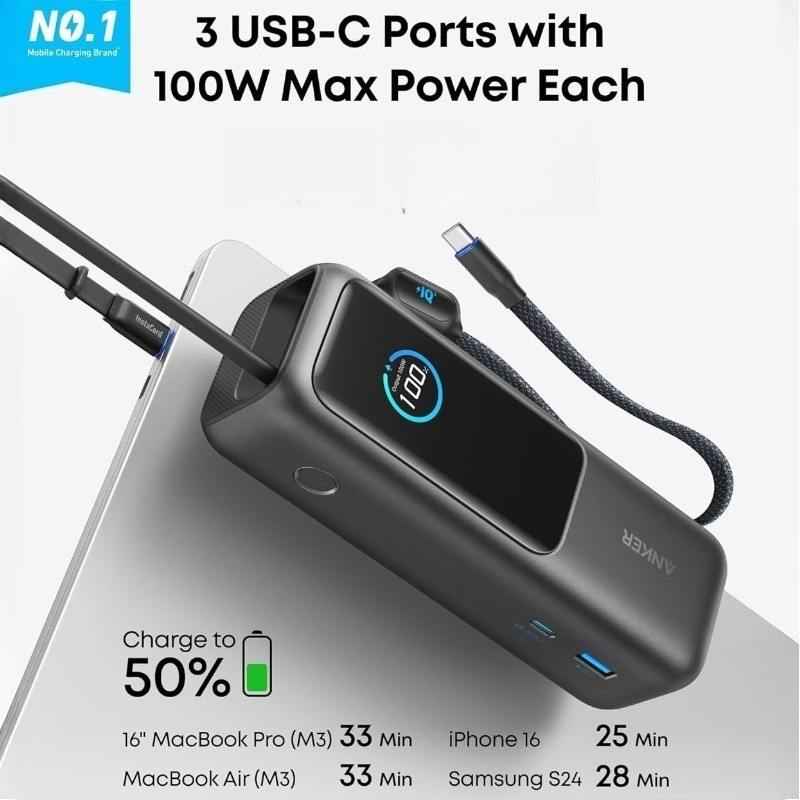 Anker Zolo A1695 25,000mAh 165W GaN Power Bank – Ultra-Fast Charger with Retractable Dual USB-C Cables for Laptops & Phones