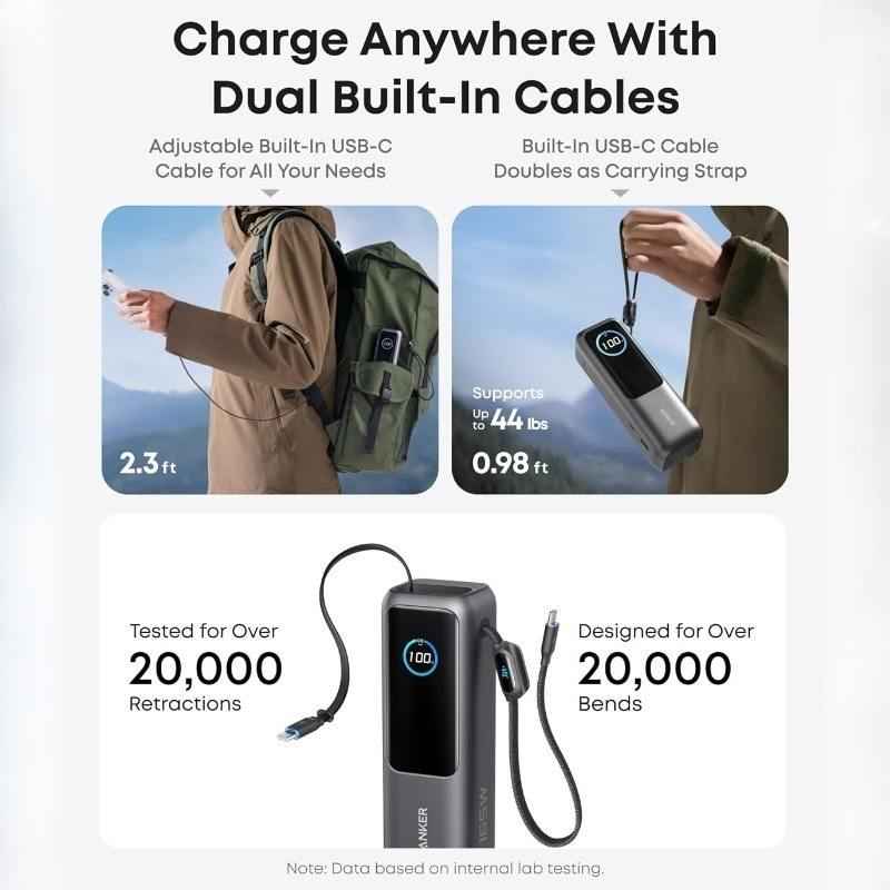 Anker Zolo A1695 25,000mAh 165W GaN Power Bank – Ultra-Fast Charger with Retractable Dual USB-C Cables for Laptops & Phones