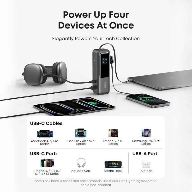 Anker Zolo A1695 25,000mAh 165W GaN Power Bank – Ultra-Fast Charger with Retractable Dual USB-C Cables for Laptops & Phones