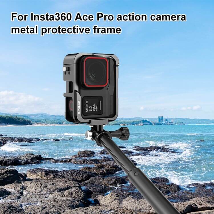 PULUZ Metal Protective Cage Frame for Insta360 Ace Pro – Aluminum Alloy Adapter with Cold Shoe Mounts - MNT