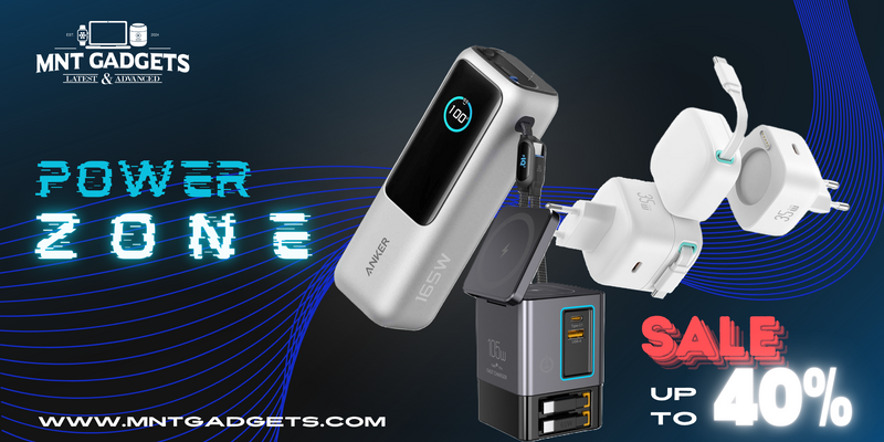 Advertisement for MNT Gadgets power zone with electronic devices and promotional text on a dark background.