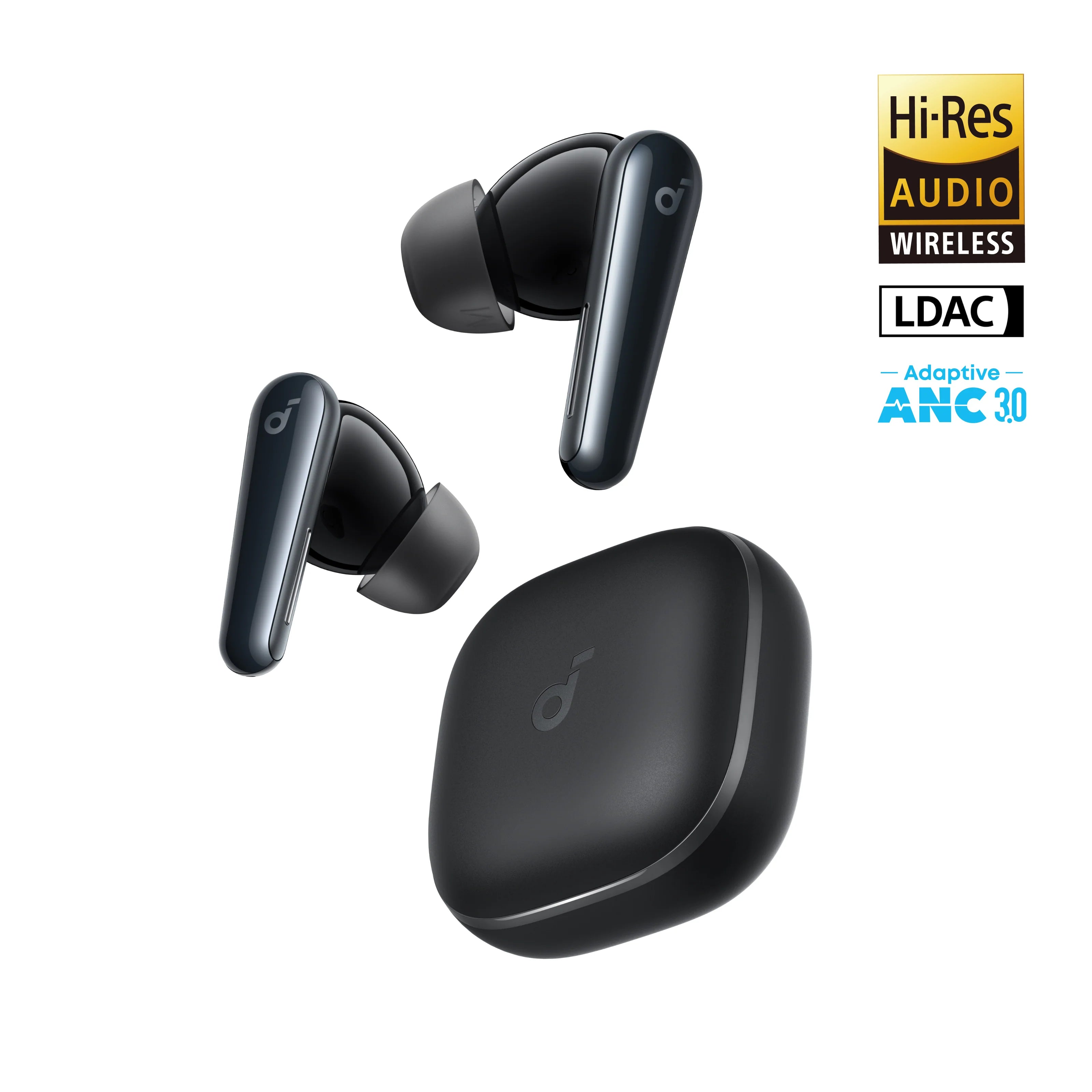 Black wireless earbuds with charging case on a white background, featuring Hi-Res Audio, Wireless, LDAC, Adaptive ANC 3.0 logos.