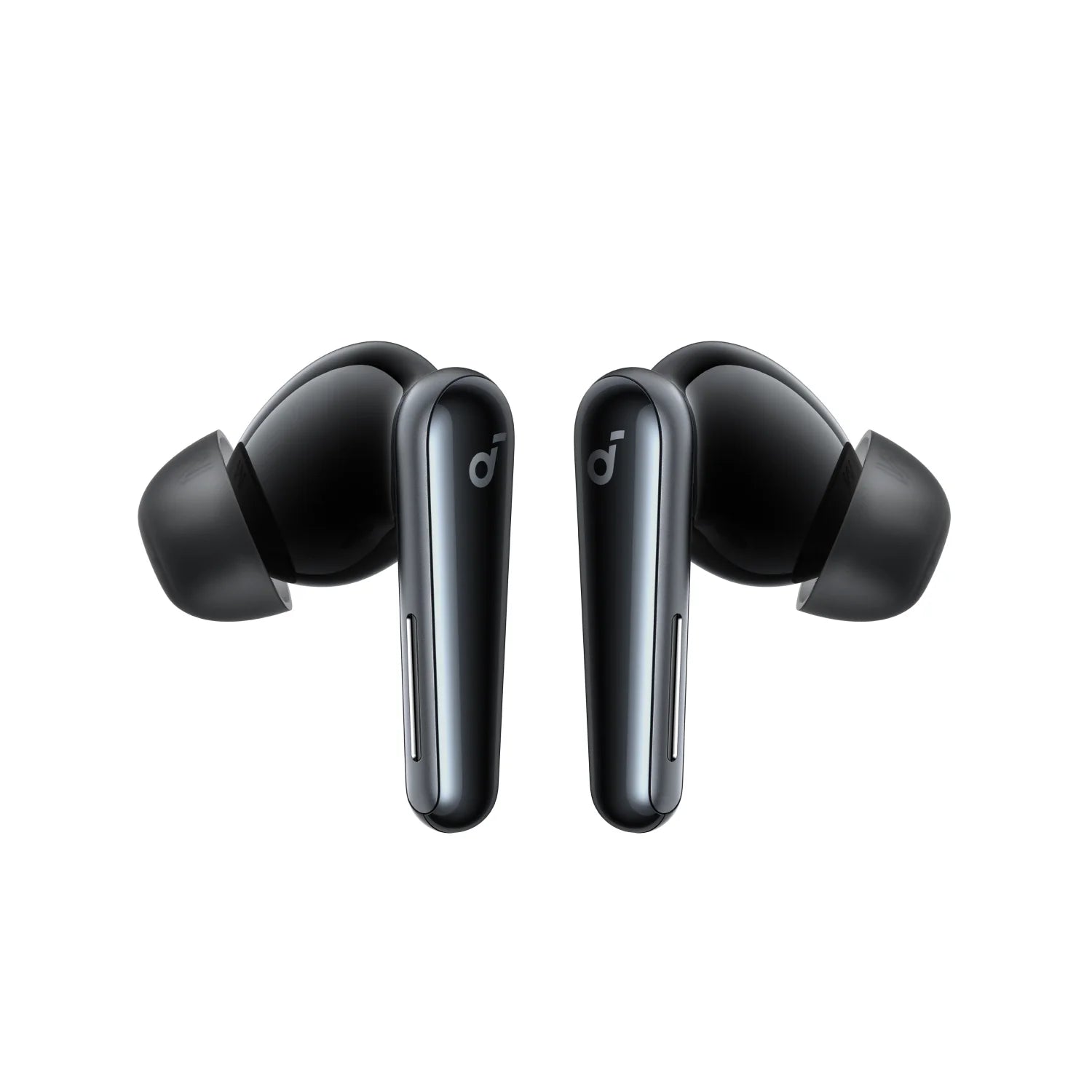 Black wireless earbuds on a white background