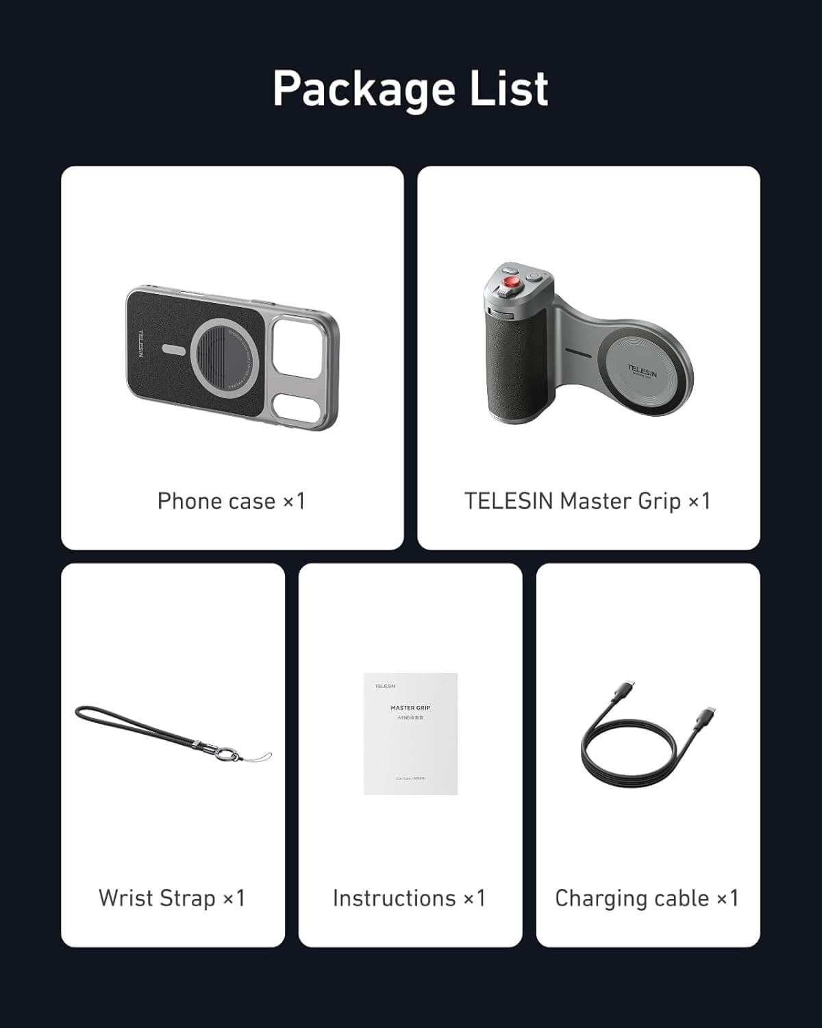 Package list with phone case, TELESIN Master Grip, wrist strap, instructions, and charging cable on a black background.