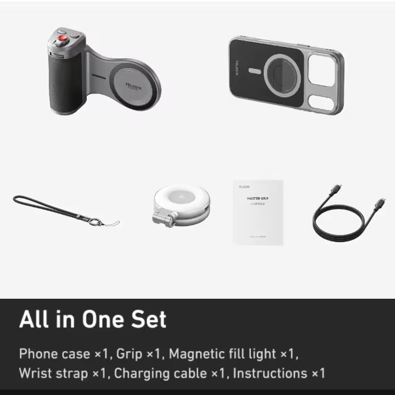 Collection of phone accessories including a phone case, grip, magnetic fill light, wrist strap, charging cable, and instructions on a white background.
