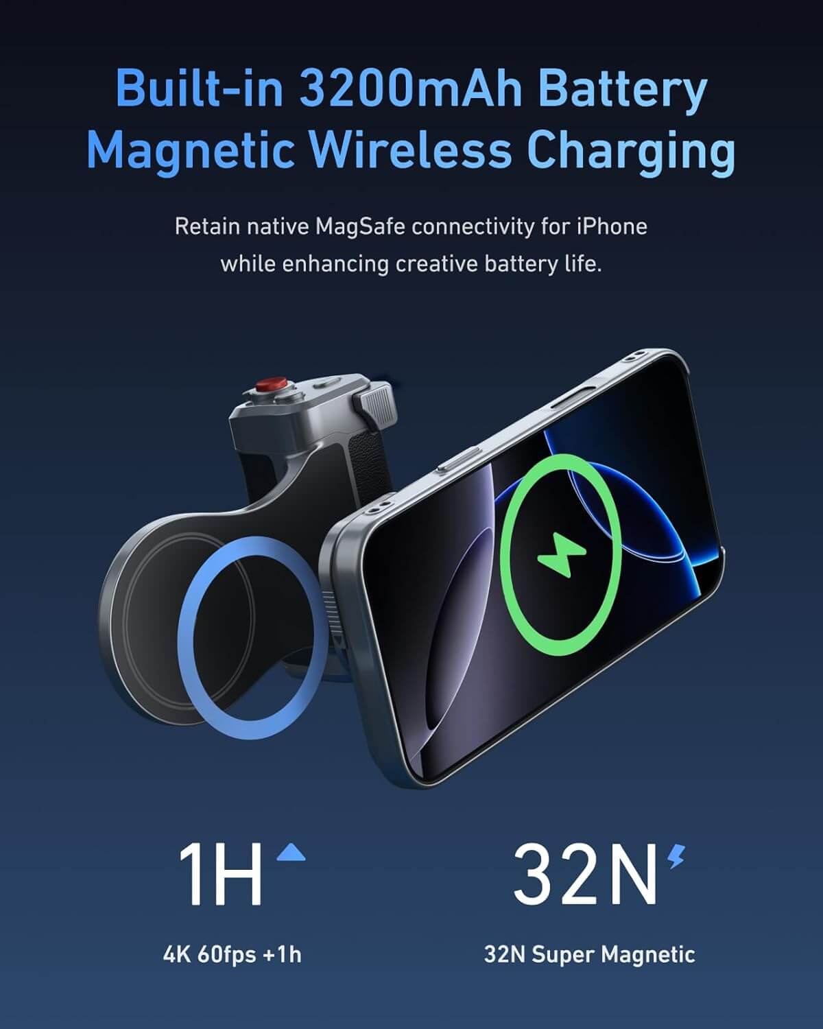 Phone case with magnetic wireless charging feature on a dark blue background