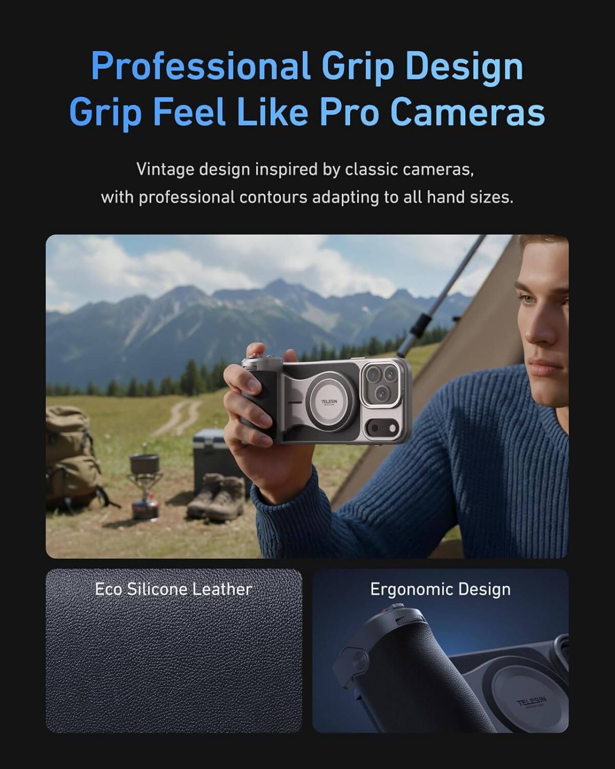 Person holding a camera with scenic background and text about professional grip design.