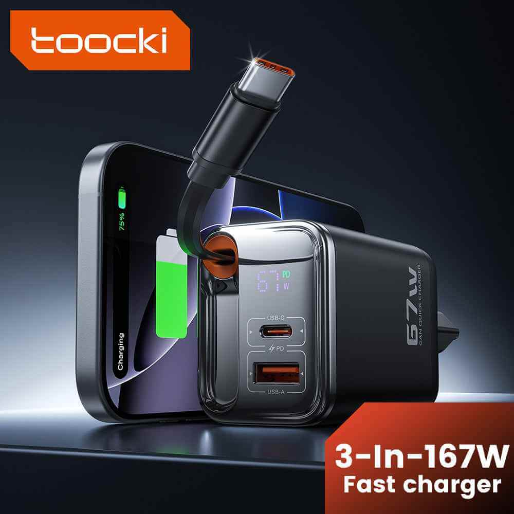 Toocki 67W GaN 3-in-1 Fast Charger β Retractable USB-C Cable, Dual Output PD Adapter