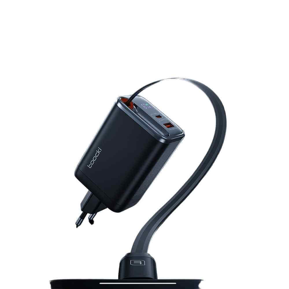 Toocki 67W GaN 3-in-1 Fast Charger – Retractable USB-C Cable, Dual Output PD Adapter