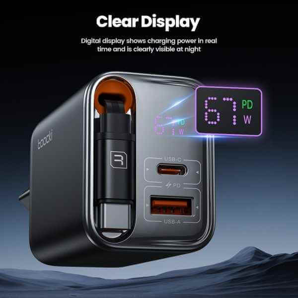Toocki 67W GaN 3-in-1 Fast Charger – Retractable USB-C Cable, Dual Output PD Adapter
