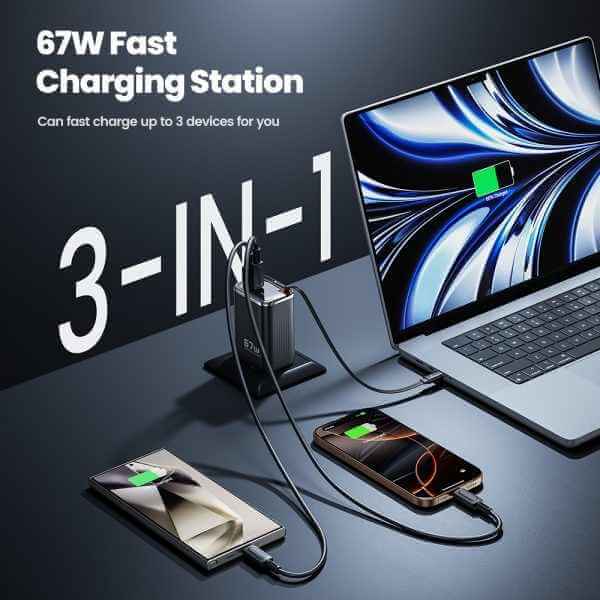 Toocki 67W GaN 3-in-1 Fast Charger – Retractable USB-C Cable, Dual Output PD Adapter