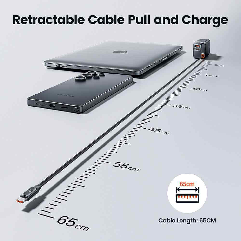Toocki 67W GaN 3-in-1 Fast Charger – Retractable USB-C Cable, Dual Output PD Adapter