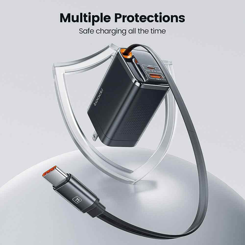 Toocki 67W GaN 3-in-1 Fast Charger β Retractable USB-C Cable, Dual Output PD Adapter