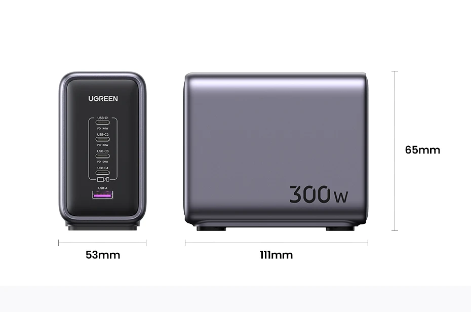 Two power adapters with UGREEN branding and dimensions labeled on a white background