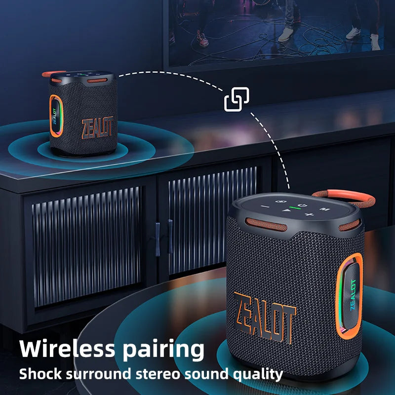 ZEALIT speakers with wireless pairing feature in a home entertainment setting.