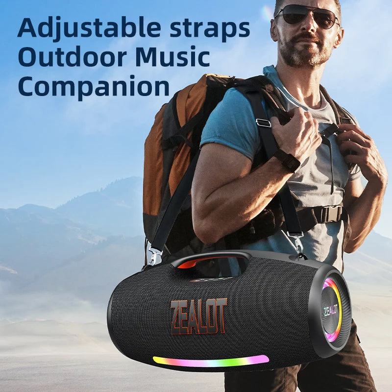 Man carrying a backpack with a Zealot Bluetooth speaker outdoors
