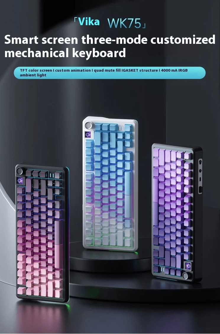 WEIKAV WK75 Tri-Mode Wireless Mechanical Keyboard – Hot-Swappable RGB Gaming Keyboard with TFT Smart Screen & HiFi Switches for PC & Laptop