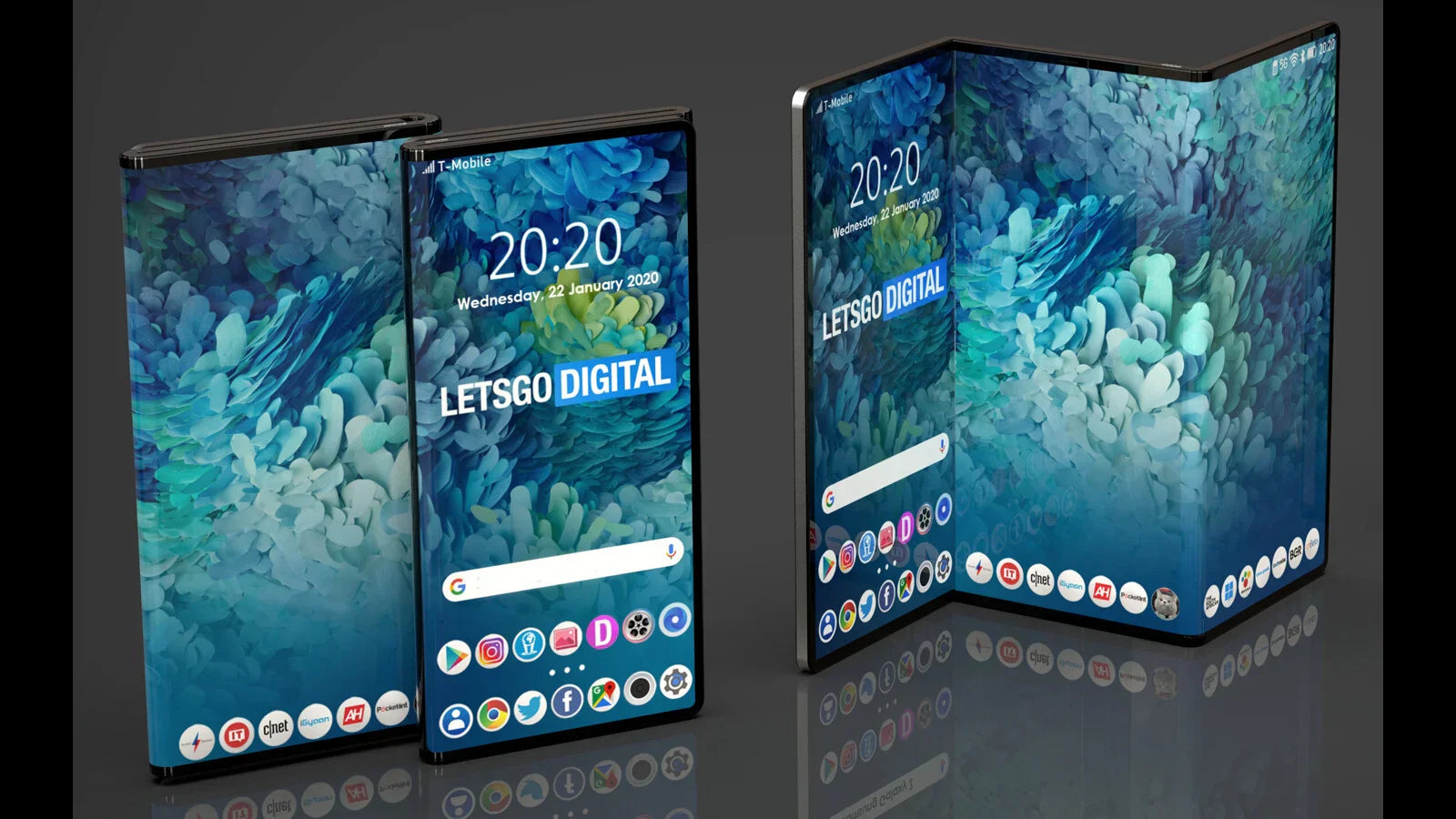 a tri fold smart phone on grey background
