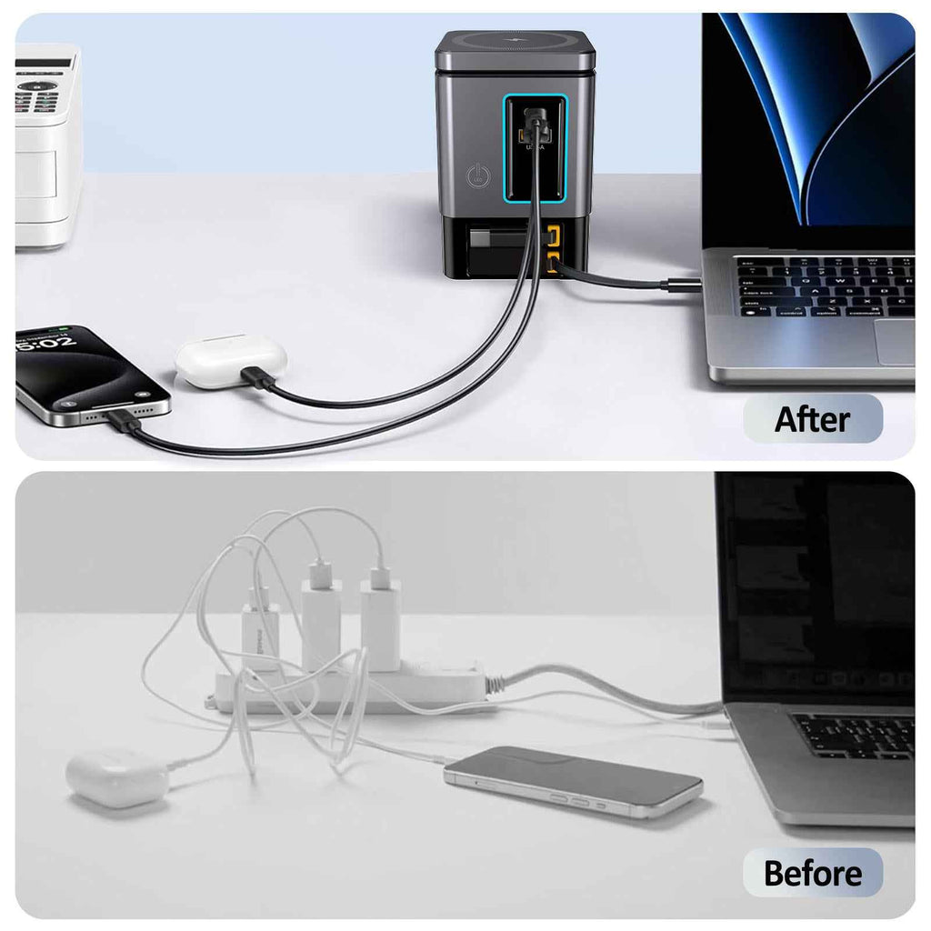 6-in-1 105W Power Combo Charging Station – Retractable USB-C Cable, USB Hub & Wireless Charger