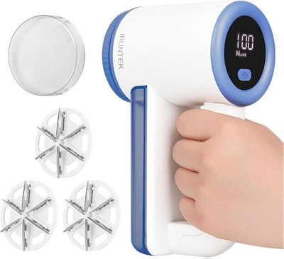 Iruntek Rechargeable Fabric Shaver, Electric Commercial Lint Remover with LED Display & Big Trash Box, 3-Speeds for Removing Fuzz and Pill from Clothes, Furniture, Sweater, Couch and Blanket, White