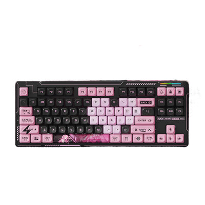 Mechanical keyboard with anime character on a pink and black background