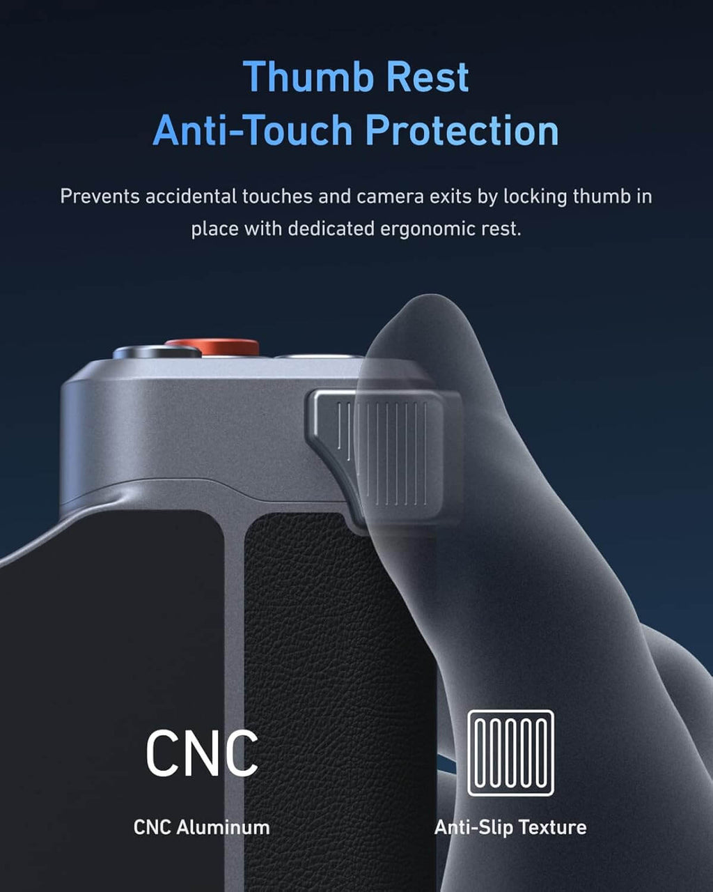 Camera with thumb rest and anti-touch protection feature on a dark background