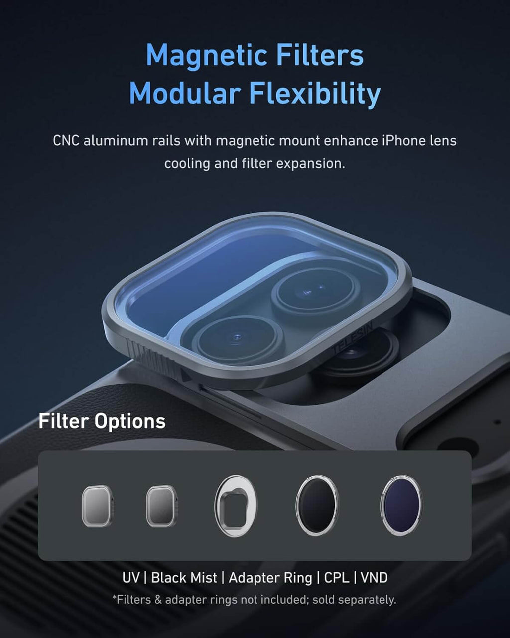 Phone case with magnetic filter system on a dark background