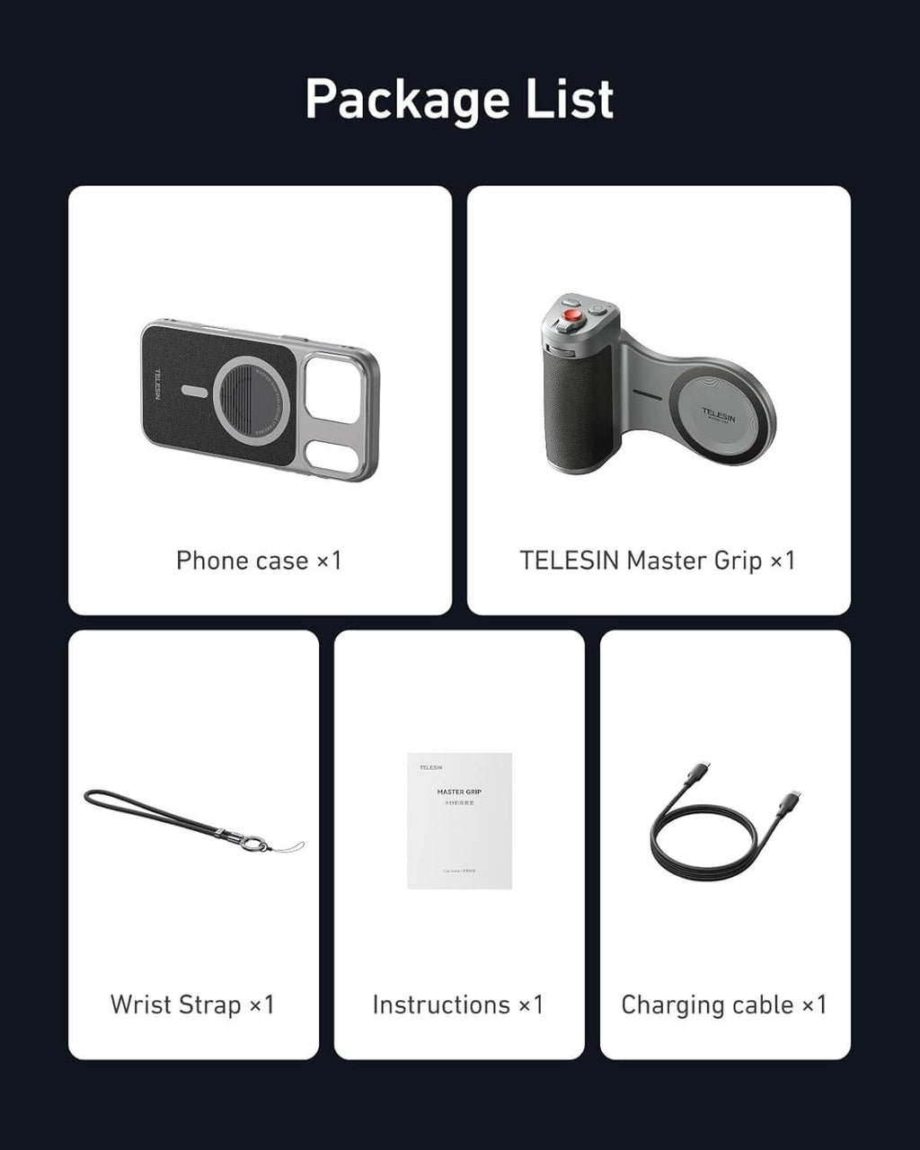 Package list with phone case, TELESIN Master Grip, wrist strap, instructions, and charging cable on a black background.