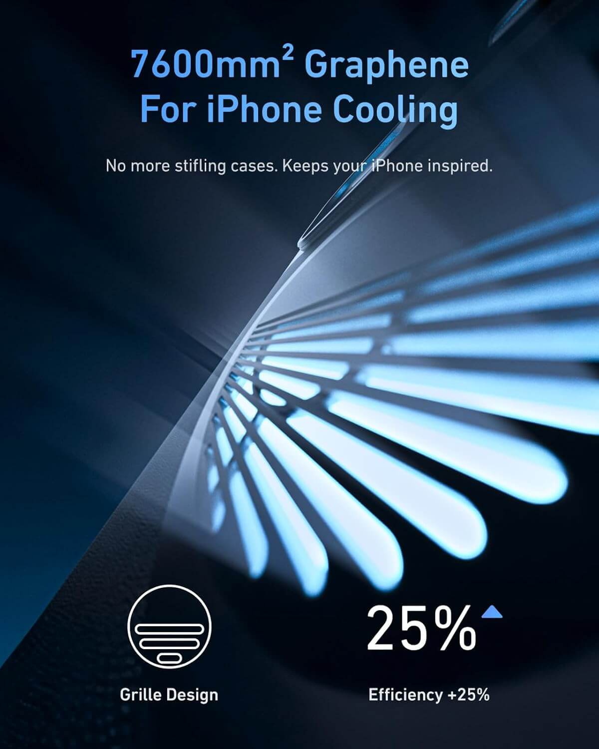Graphene cooling technology for iPhone with blue glowing effect on dark background