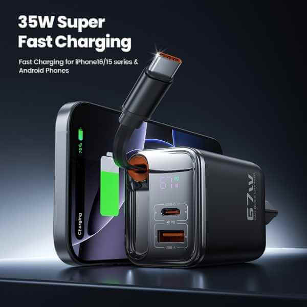 Toocki 67W GaN 3-in-1 Fast Charger – Retractable USB-C Cable, Dual Output PD Adapter