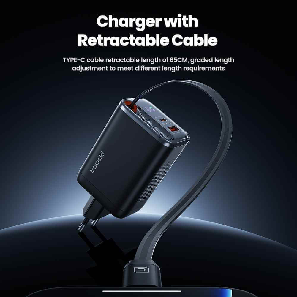 Toocki 67W GaN 3-in-1 Fast Charger – Retractable USB-C Cable, Dual Output PD Adapter