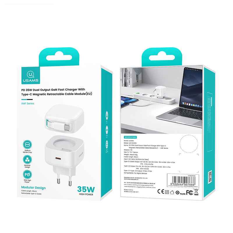USAMS 35W GaN Fast Charger – Dual USB-C & USB-A Output PD Power Adapter
