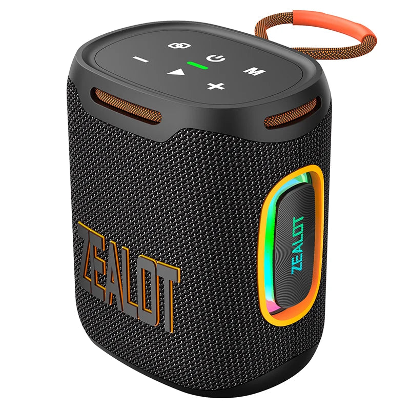 Black portable speaker with 'ZEALOT' branding on a white background