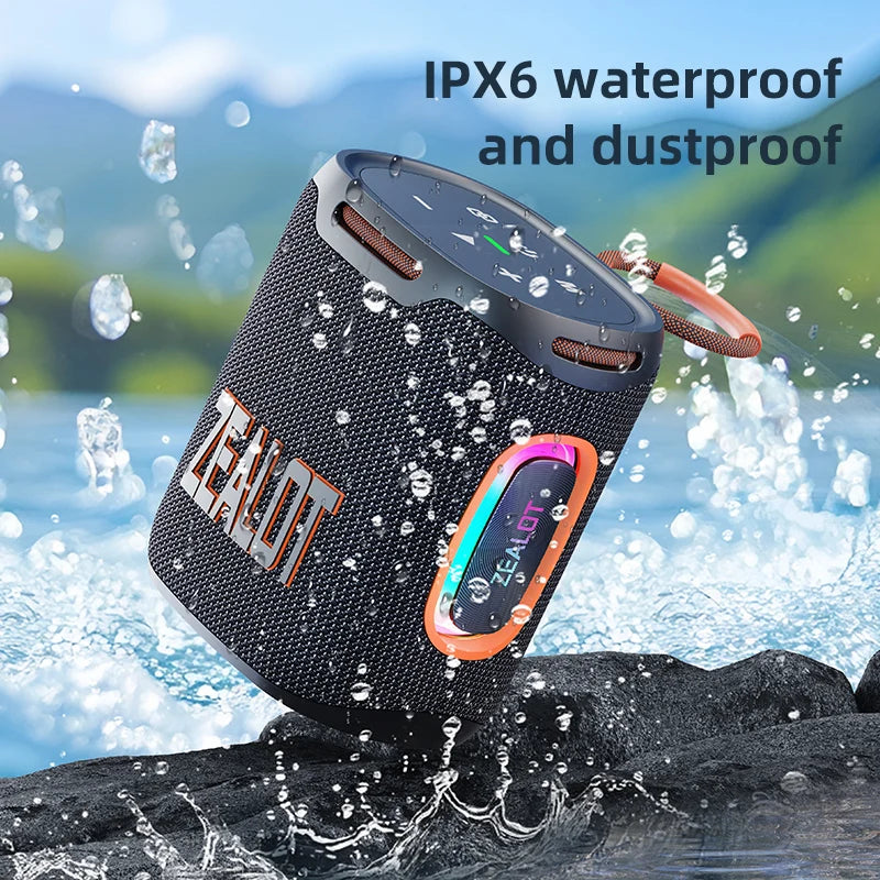 Waterproof portable speaker with water splashes on a rocky surface