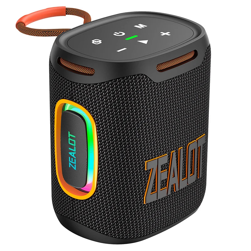 Black portable speaker with Zealot branding on a white background