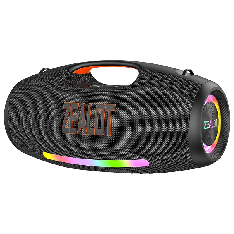 Black portable speaker with colorful LED lights and 'ZEALOT' branding on a white background