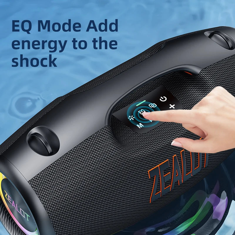 Black electronic device with buttons and a hand interacting with it, on a blue gradient background.