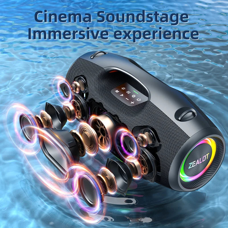 Portable speaker with colorful sound waves on a water background, emphasizing 'Cinema Soundstage Immersive experience'.