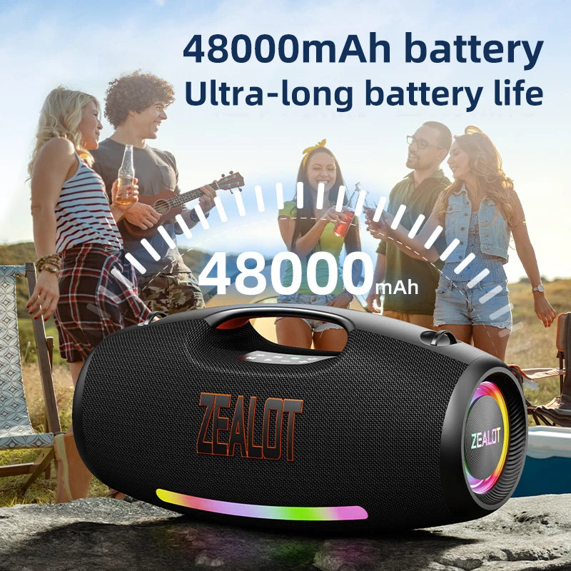 ZEALOT Bluetooth speaker with 48000mAh battery capacity in front of a group of people outdoors.