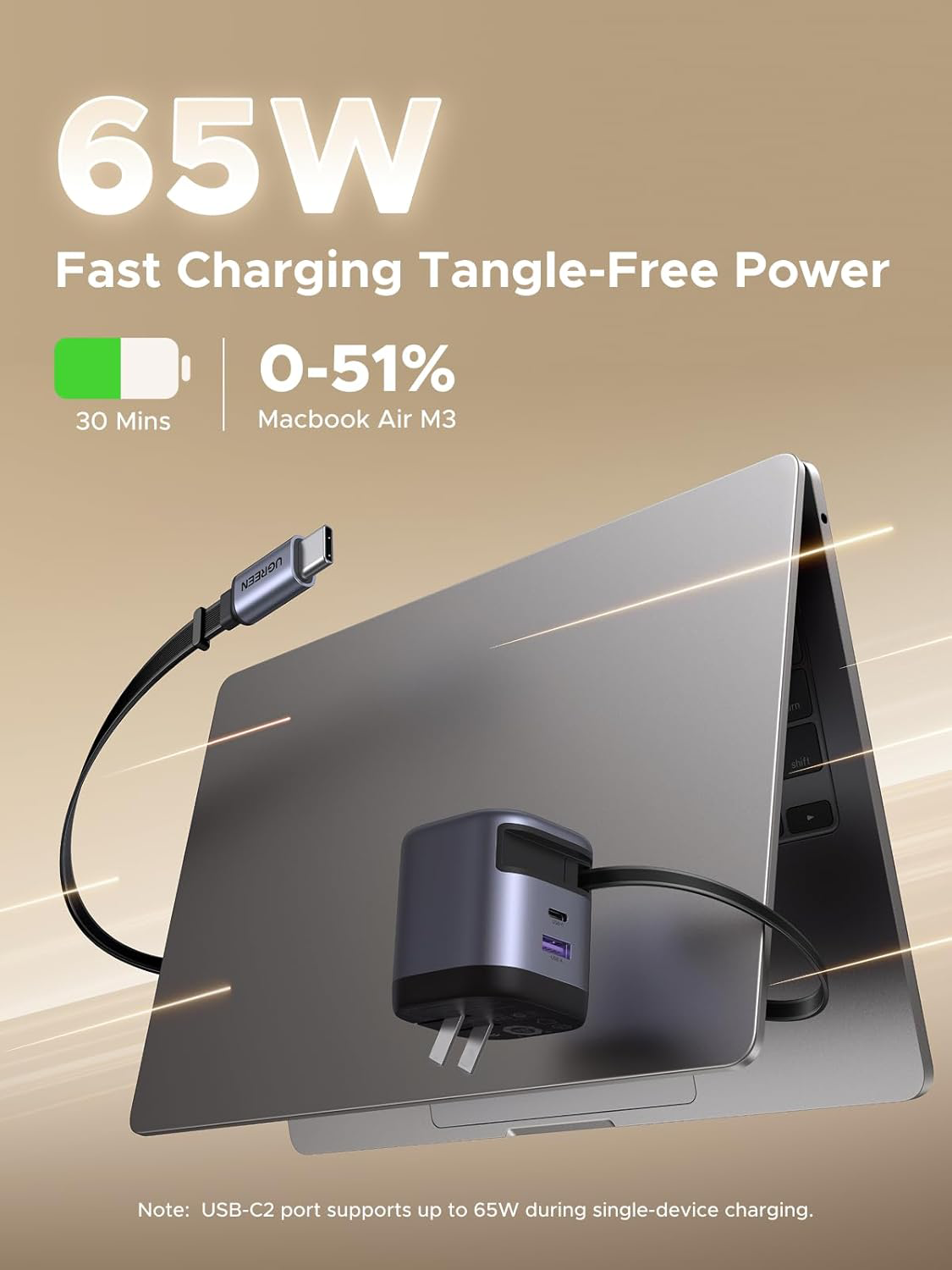 UGREEN Retractable 65W USB-C Fast Charger – Foldable GaN Power Adapter for Travel, Laptop & Mobile Devices