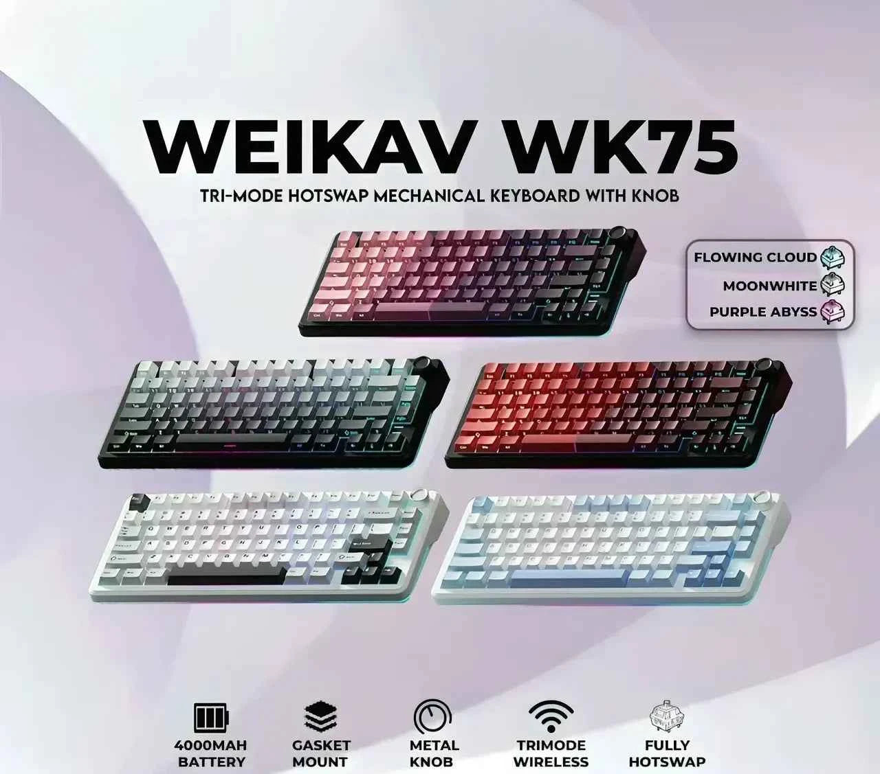 WEIKAV WK75 Tri-Mode Wireless Mechanical Keyboard – Hot-Swappable RGB Gaming Keyboard with TFT Smart Screen & HiFi Switches for PC & Laptop